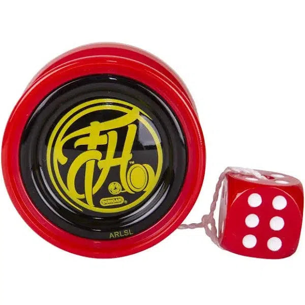 Close up shot of red and black freehand yo-yo.