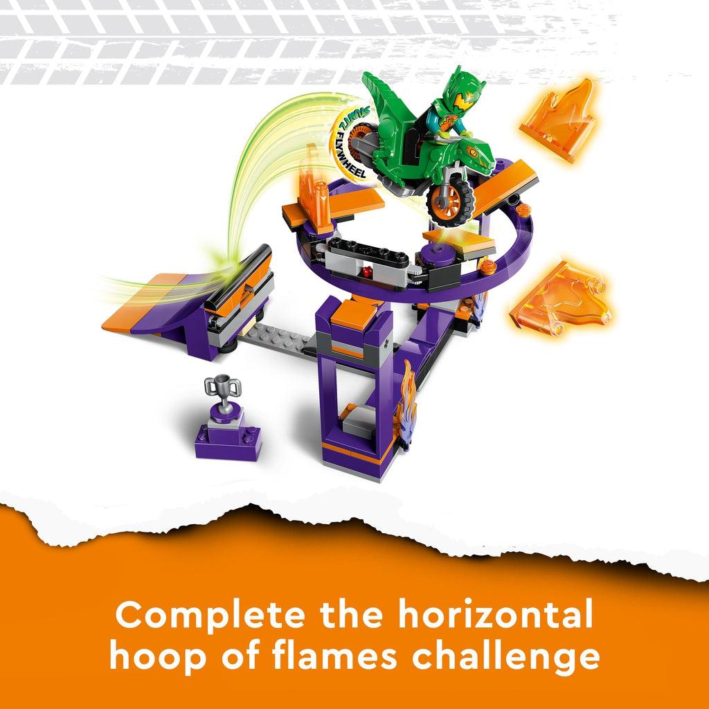 Image of the full LEGO playset. Caption: Complete the horizontal hoop of flames challenge