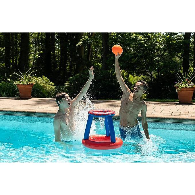image shows two teenagers in a pool with one about to dunk the small basketball into the top of the hoop