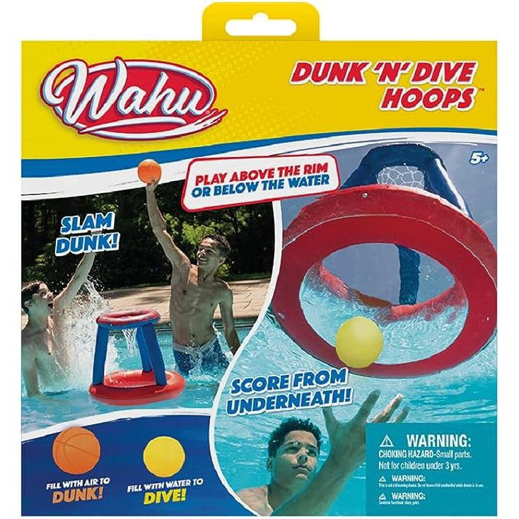 packaging shows a small rubber basketball and a yellow rubber ball being used to play pool basketball with an inflatable hoop