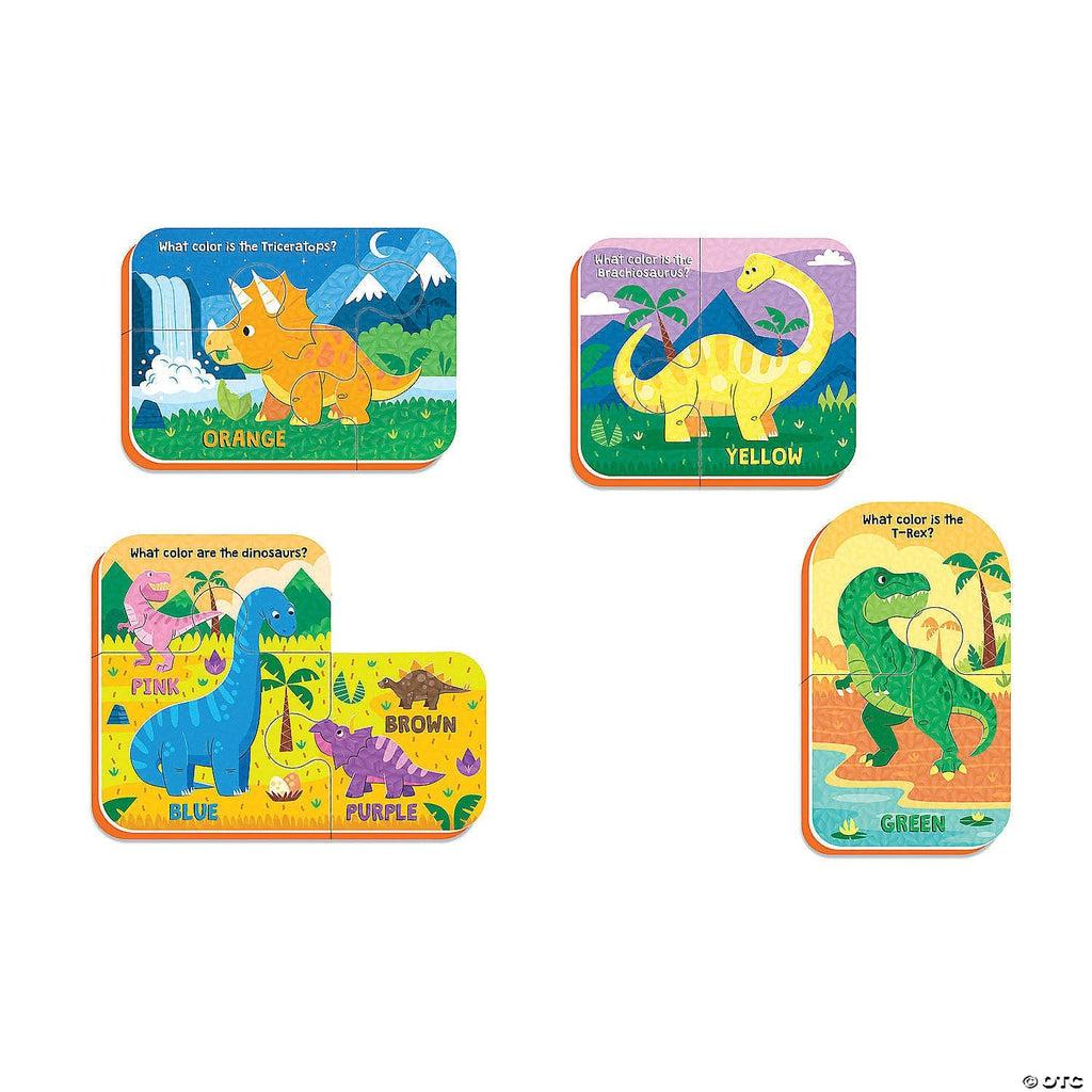 Image of some of the puzzle pieces included. Each puzzle piece has a picture of a dinosaur or multiple dinosaurs with the name of what color they are next to them.