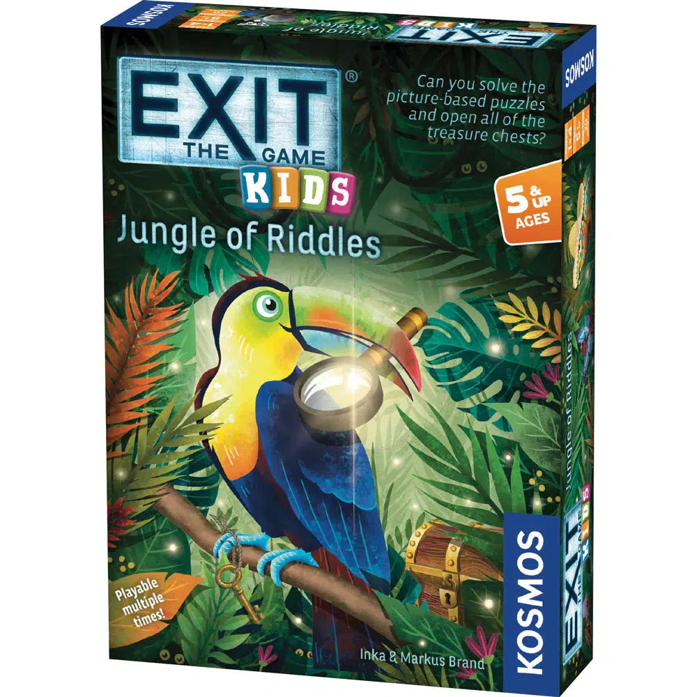 Image of the front of the game box. It has a picture of a toucan holding a magnifying glass on the front.