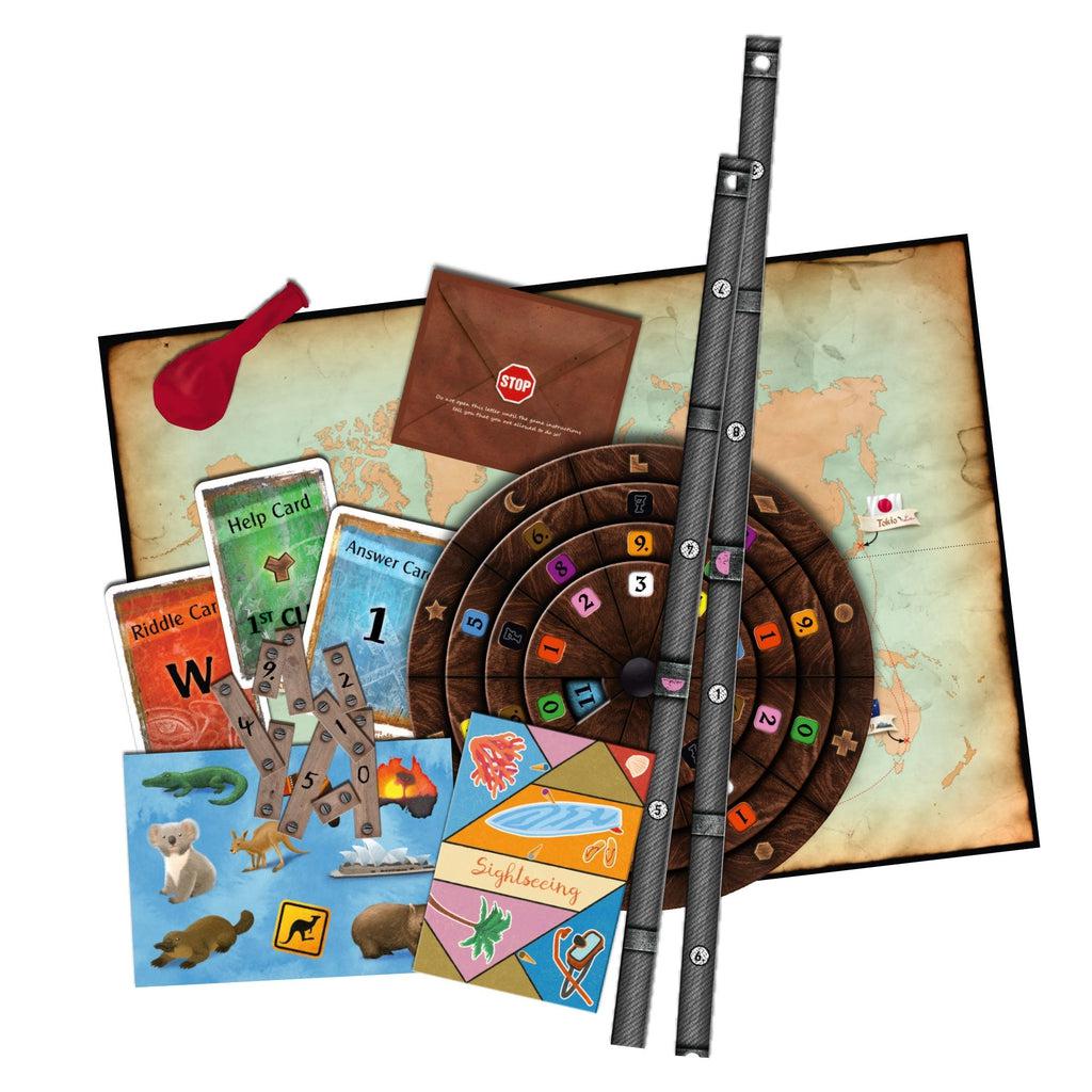 Image of some of the included puzzle elements. It comes with a map, cards, a clue dial, and other odd elements.