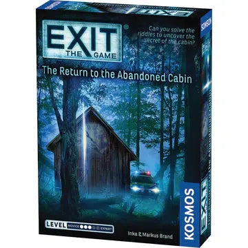Image of the box for the game EXIT: The Return to the Abandoned Cabin. On the front is a picture of a police car stopped at a cabin in the woods.