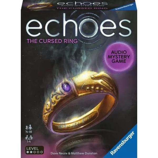 the cover says Echoes the cursed ring, with an image of a ring on the box. a tag says audio mystery game.