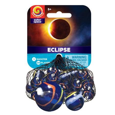 Image of the Eclipse glass marbles. It is an opaque dark blue marble with small orange and yellow stripes on is edges.