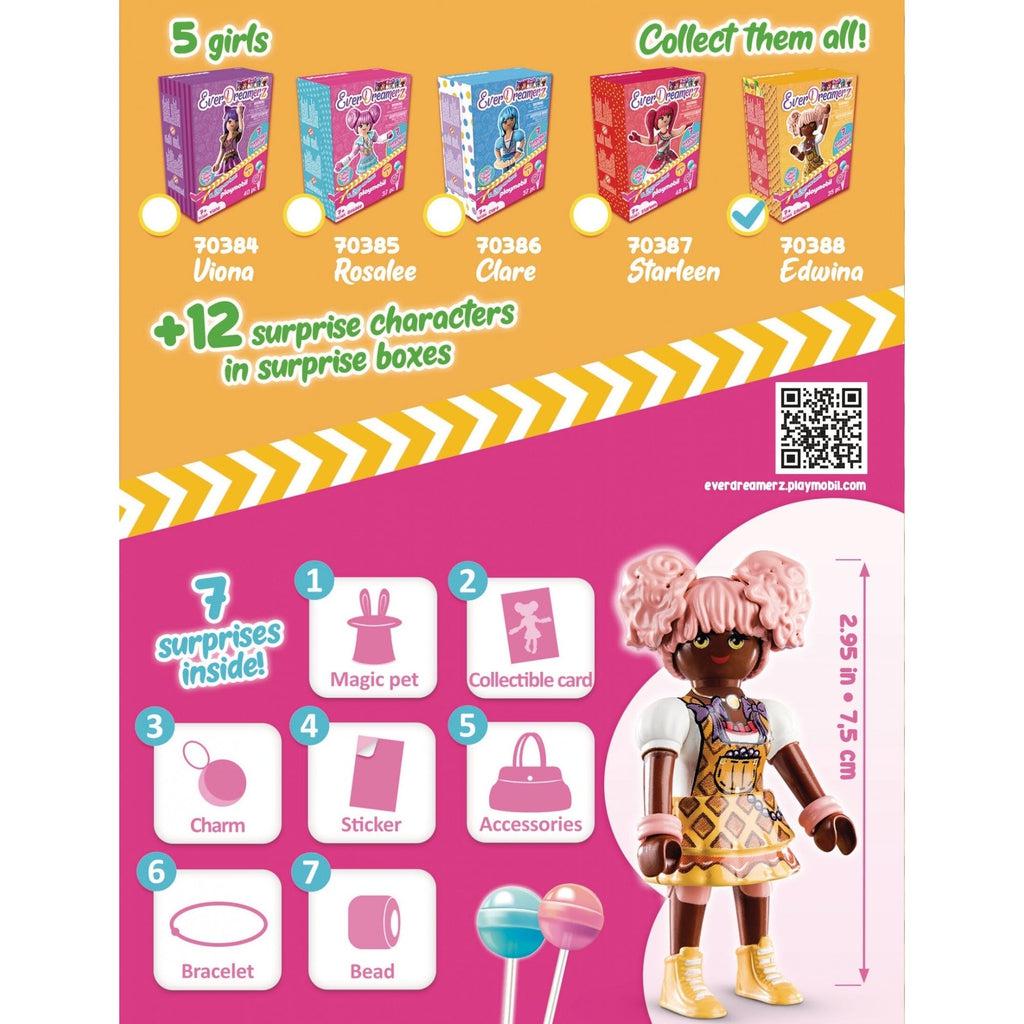 This picture shows the back of the box, showing all the other dolls in the set, and shoes the 7 surprised are a magic per, a collectible card, a charm, a sticker, accessories, bracelet, and beads. 