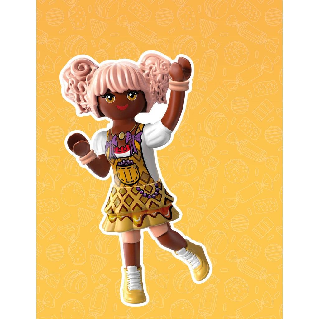 Standalone picture of edwina in a yellow background with candy. 
