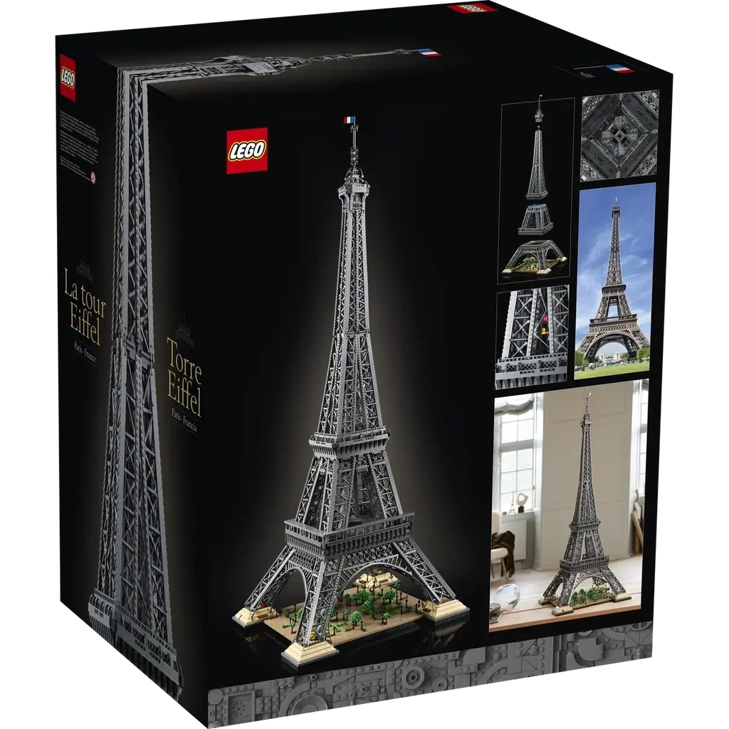 back of the box shows the tower finished, split into 4 parts, 2 close ups, and then an image of the actual Eiffel tower