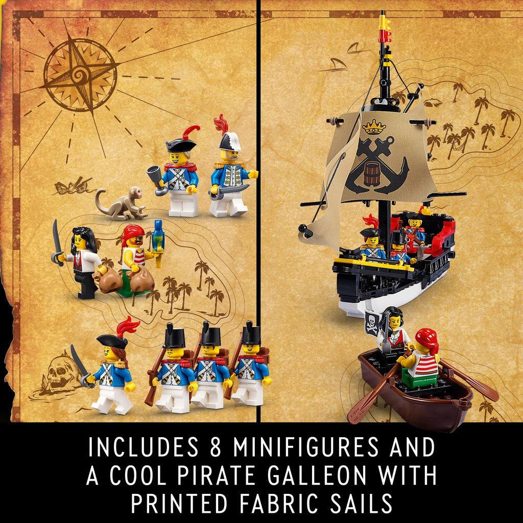 includes 8 Minifigures and a cool pirate galleon with printed fabric sails