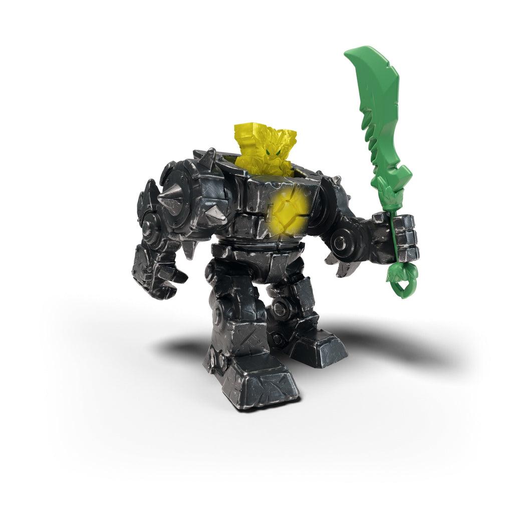 Image of the Eldrador Robot Shadow Jungle figurine. It comes with a yellow jungle life form, a robot suit, and a green vine sword.
