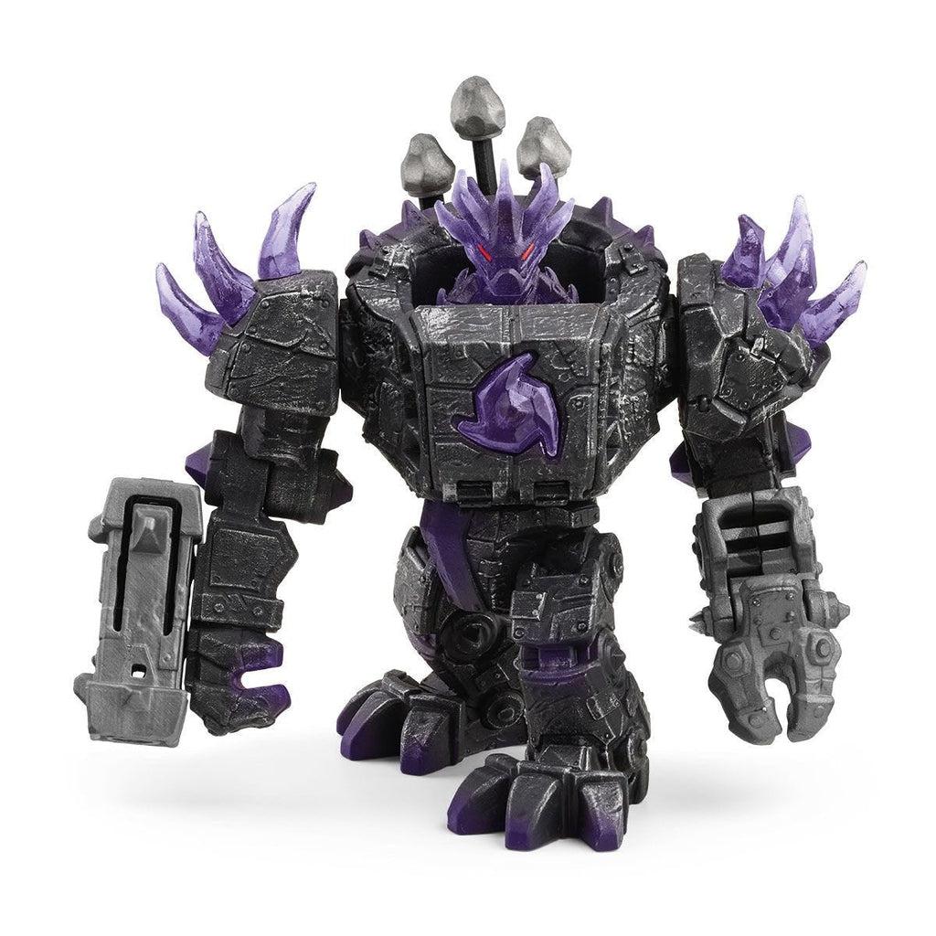 Image of the figurine outside of the packaging. It comes with a shadow life form and a robot suit. Everything is colored either black, grey, or purple and there are many spikes and crystals poking out like spikes.