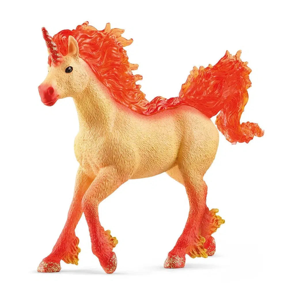 Image of the Elementa Fire Unicorn Stallion figurine. It is a tan horse with dark orange flame shaped mane and tail. Coming from his hooves are smaller fires as well. His horn matches the color of his flame hair but it is glittery.