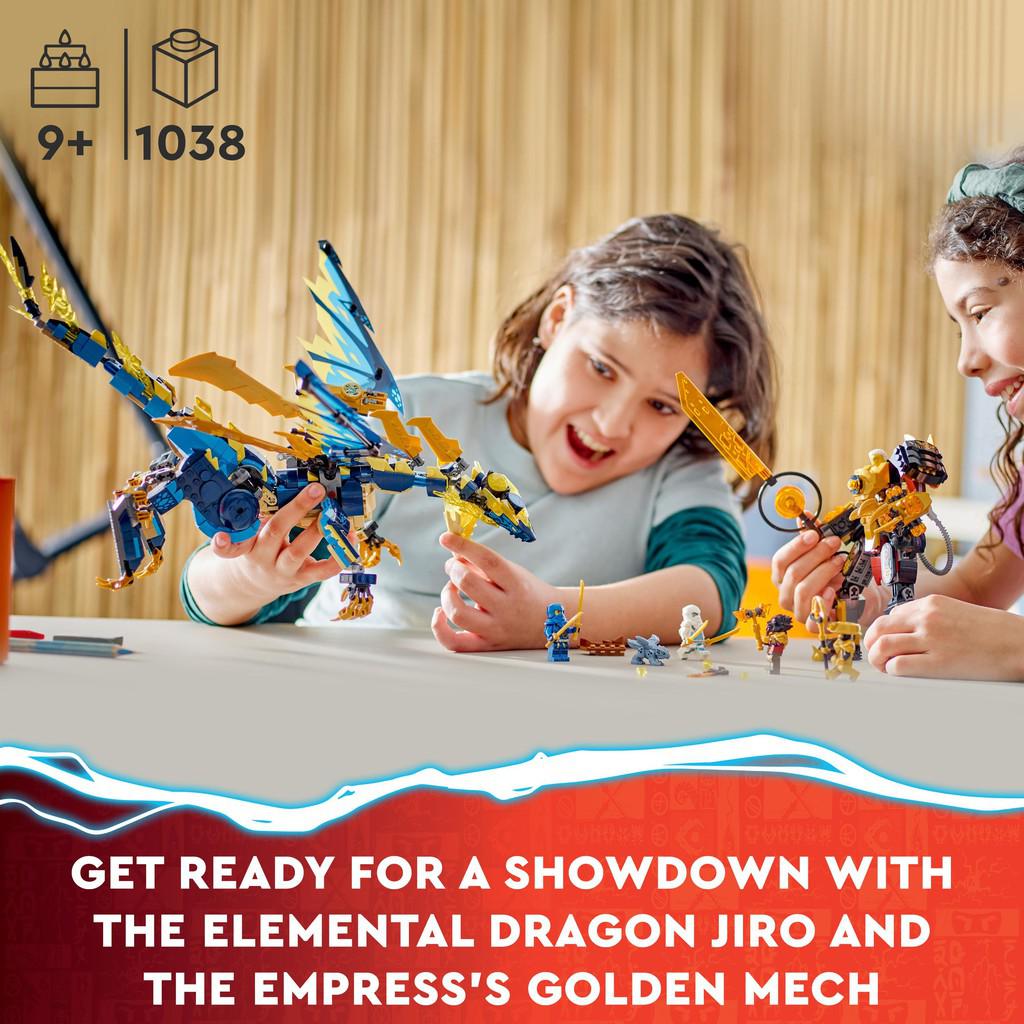 for ages 9+ with 1038 LEGO pieces. Get ready for a showdown with the elemental dragon jiro and empress's golden mech.