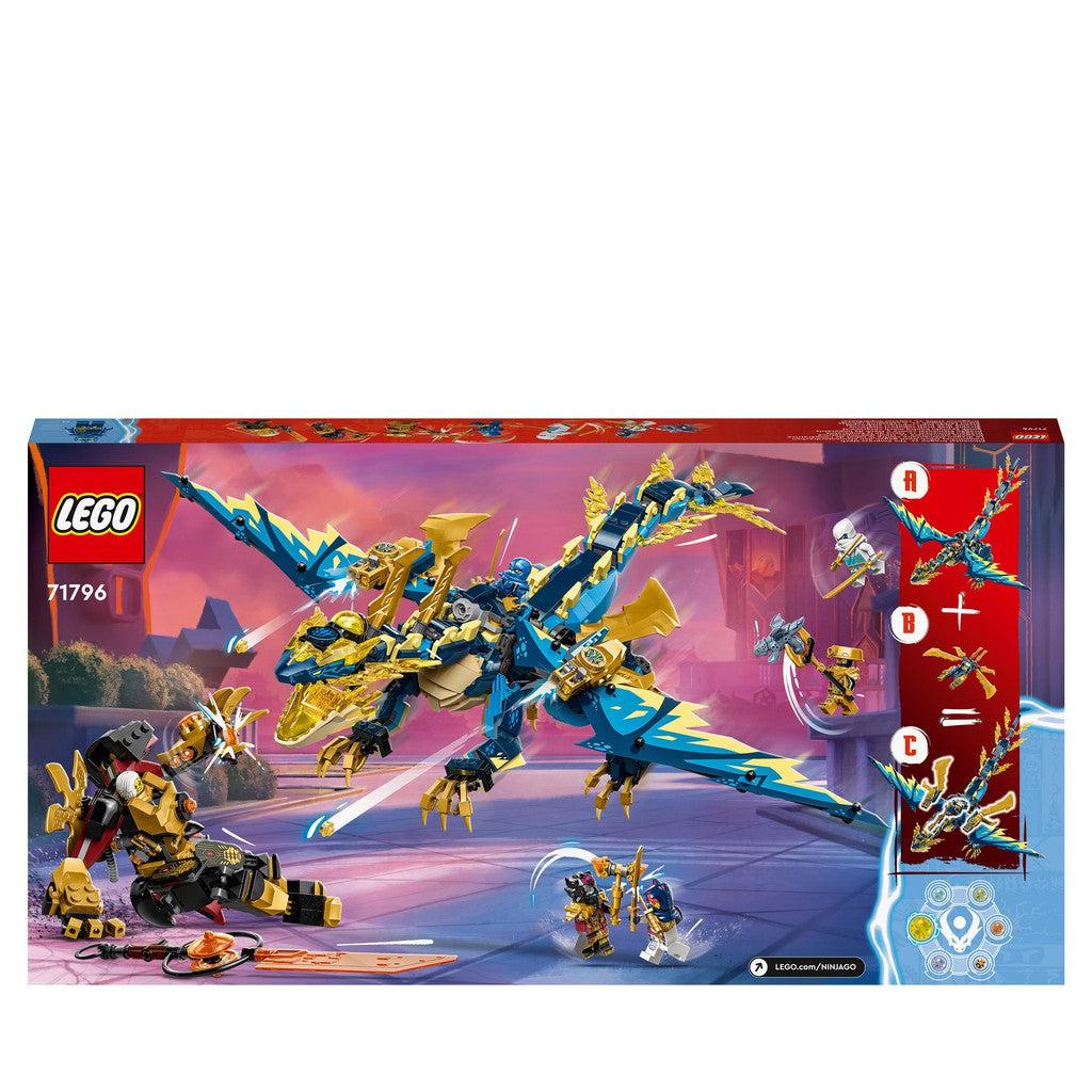 image shows the back of the box with the upgraded dragon making its attack onslaught on the mech. 
