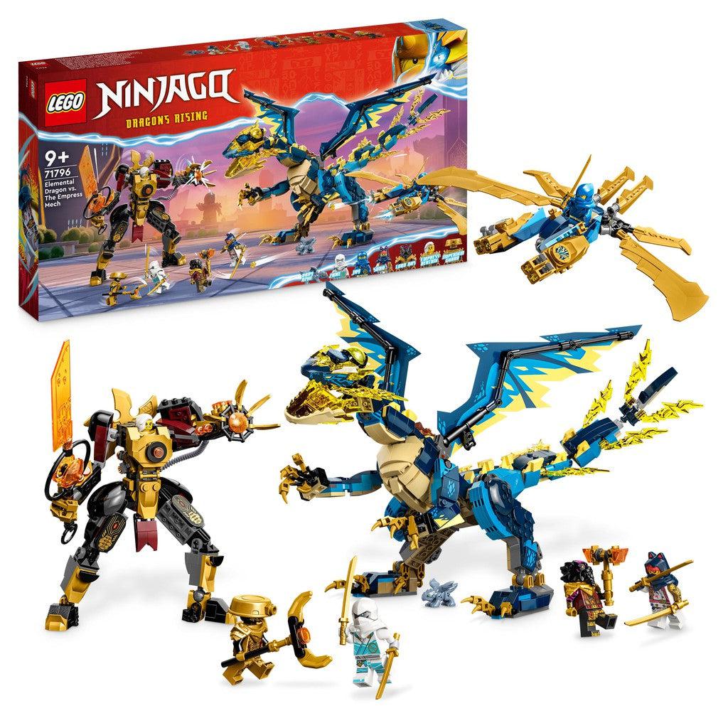 image shows teh box and action of LEGO Ninjago. A LEGO mech is battling a ddragon in the Elemental dragon vs Empress Mech. There are LEGO swords and more in this Ninjago set to build a dragon and mech