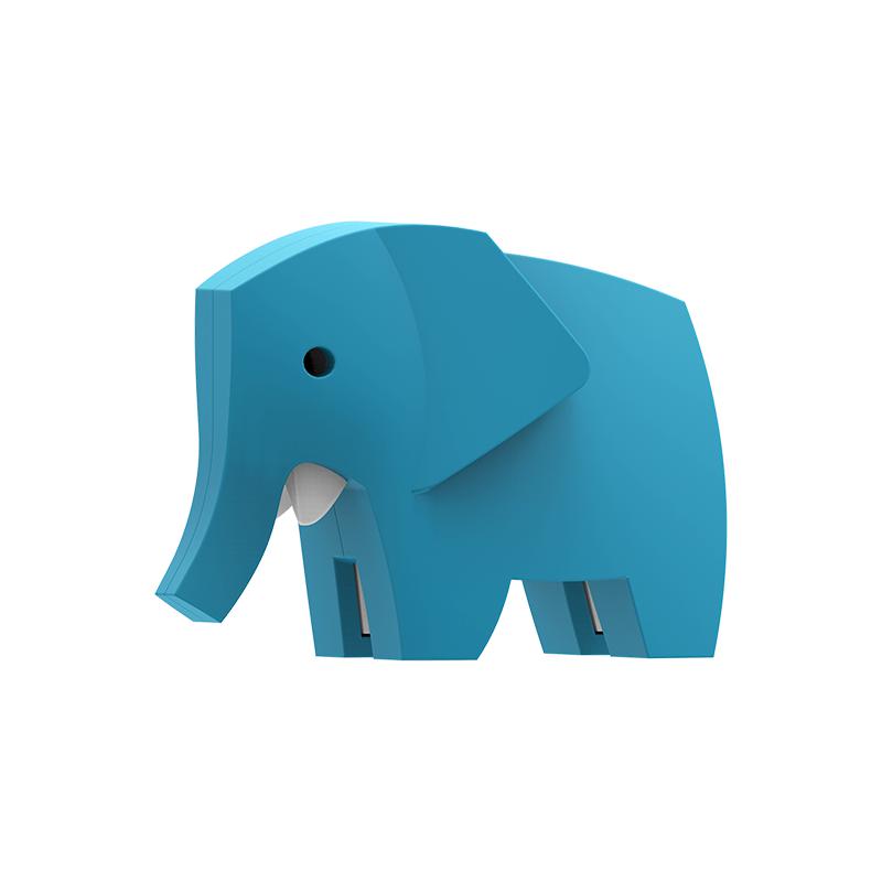 Image of the Elephant figurine. It is a bright blue geometric elephant with large ears and white tusks.
