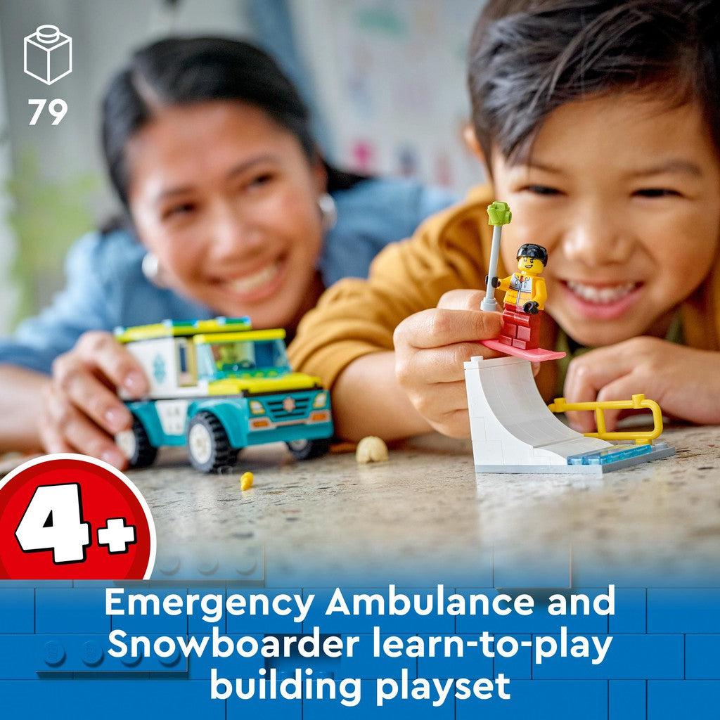 for ages 4+ with 79 LEGO pieces. Emergency ambulance and snowbaoarder learn to play building playset. 