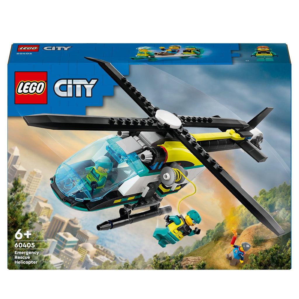 the LEGO city Emergency Helicopter features a yellow and blue helicopter and Minifigures to come to the rescue