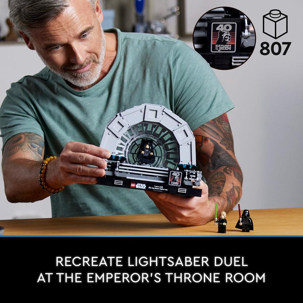 for ages 18+ with 807 LEGO pieces. Recreate lightsaber duel at the emperor's throne room