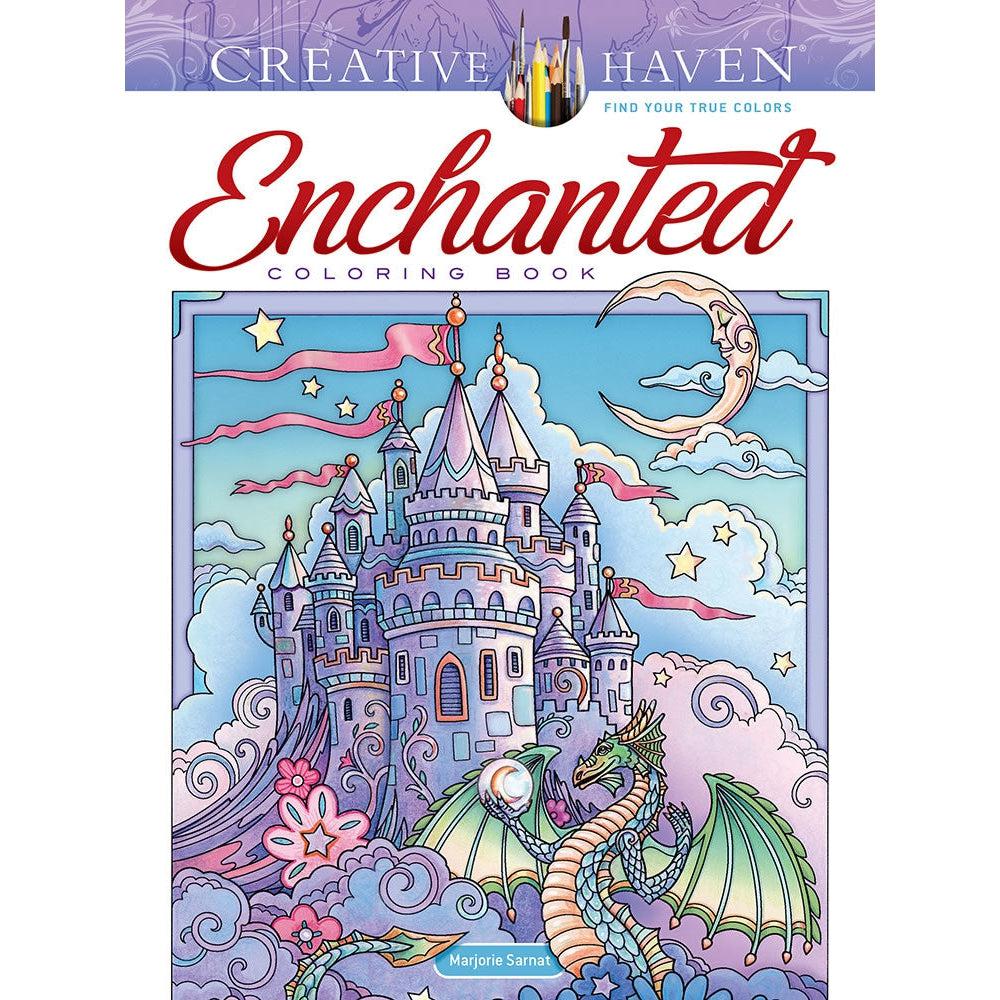 Image of the cover for the Enchanted coloring book. On the front is a colored in page from the coloring book.