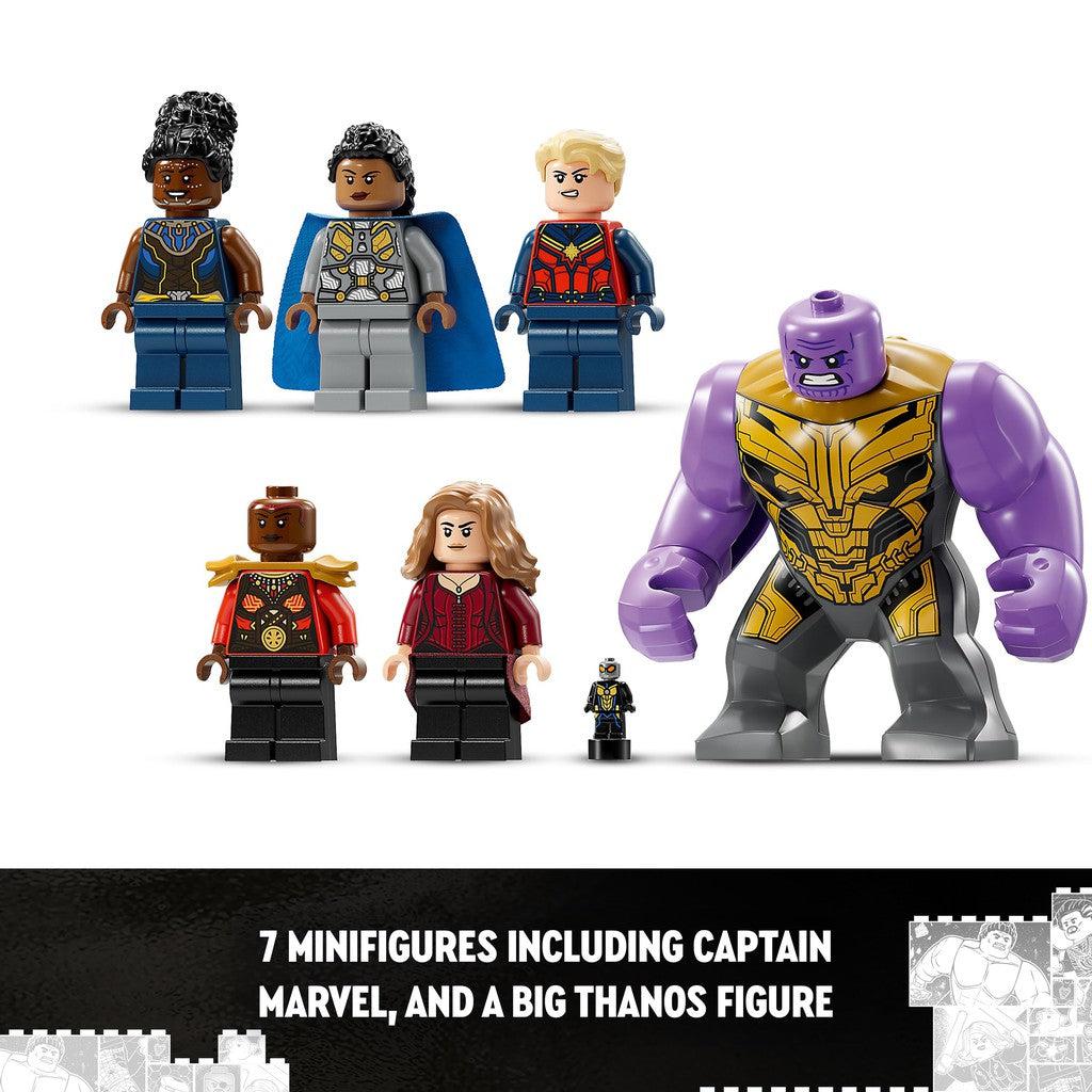 7 minifigures including captain marvel, and a big thanos figure