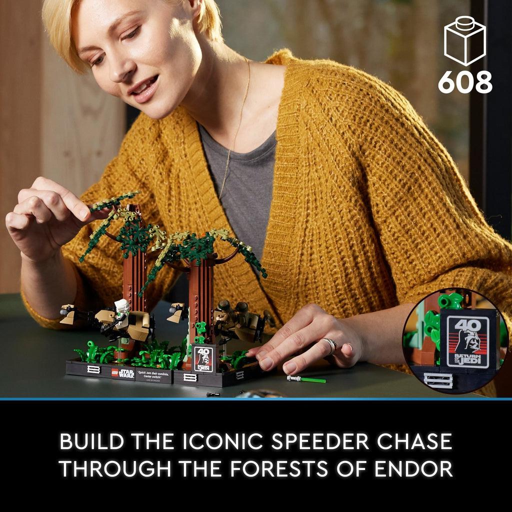 for ages 18+ with 608 LEGO pieces. Build the iconic speeder chase through the forests of endor