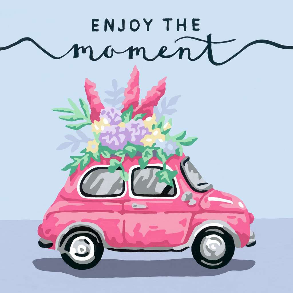 the finished project is a simple and calm picture of a car driving with a bouquet of flowers on the top of the car. 