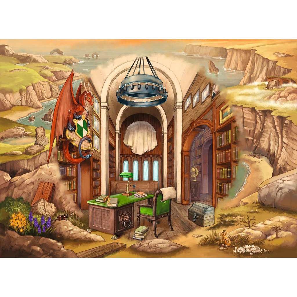 Image of the finished puzzle. It is a picture of a beach cliff landscape with a crystal ball in the center showing the inside of a library.