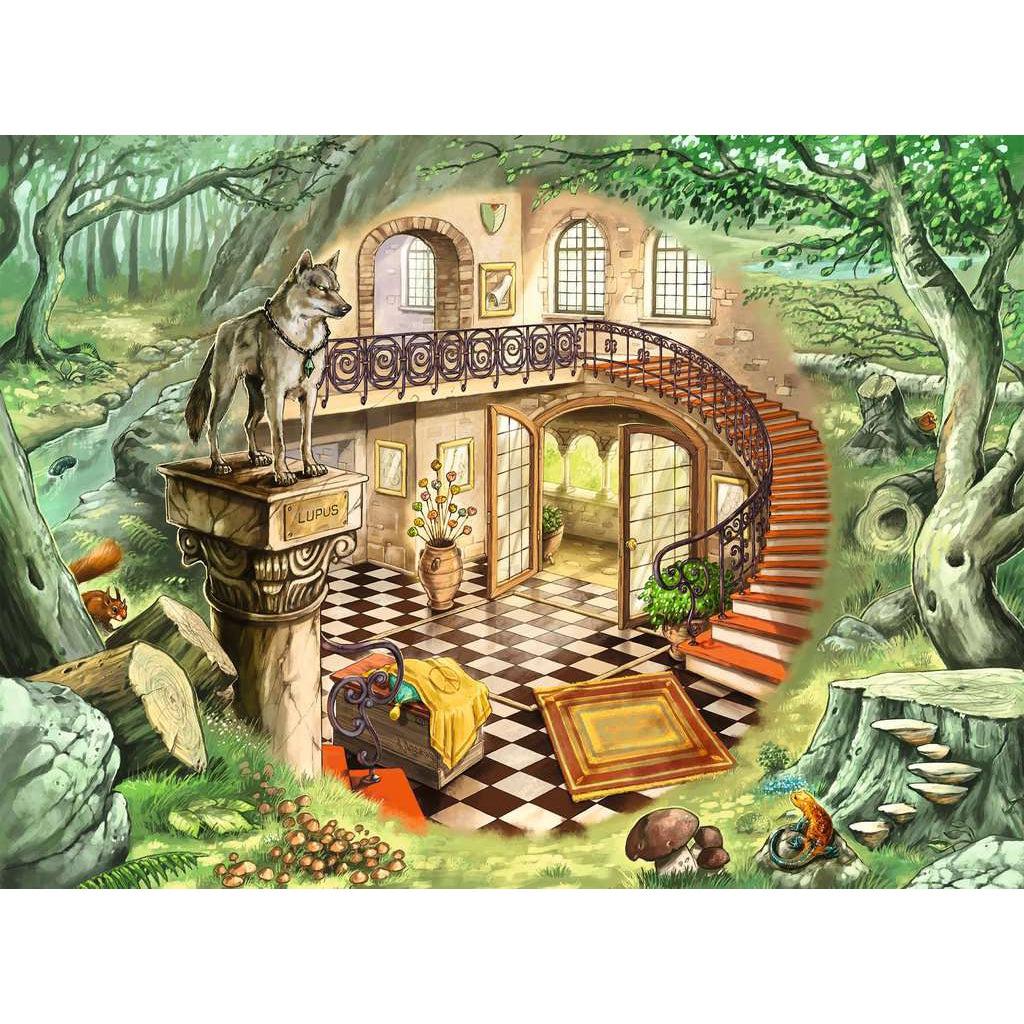 Image of the finished puzzle. It is the scene of a magical forest with a crystal ball in the center showing the inside of the foyer of a mansion.