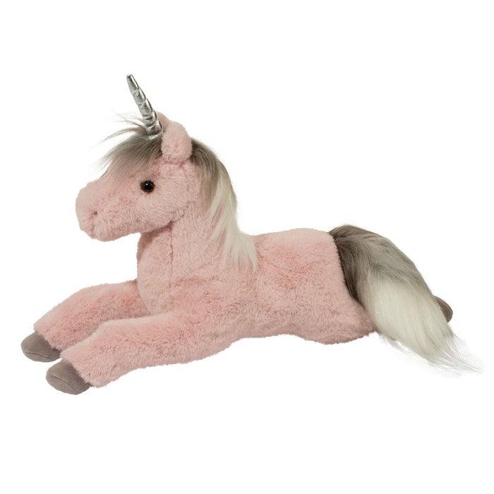 image shows a unicorn that is a light brown color with a fluffy tail. the plush is incredibly soft to the touch