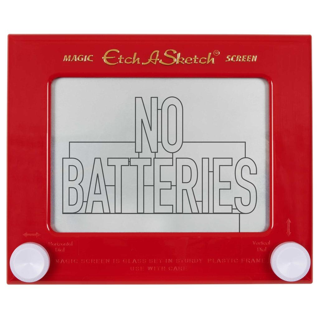 Image of the Etch A Sketch outside of the packaging. On the screen is a picture of the words "No Batteries".