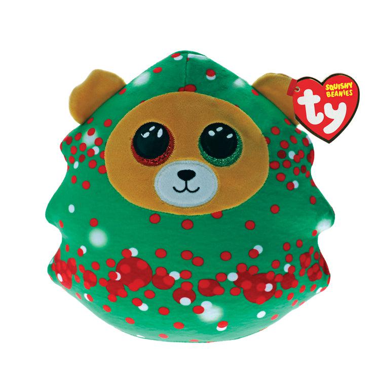 Image of the Everett Squishy Christmas Bear plush. It is a teddy bear plush in a Christmas tree costume. He has one red and one green eye.
