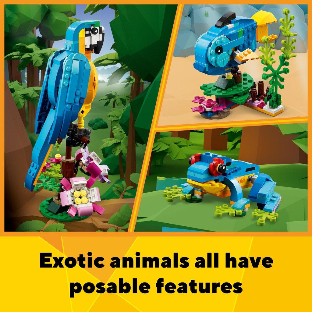 Images of each of the three LEGO animals. Caption: Exotic animals all have posable features
