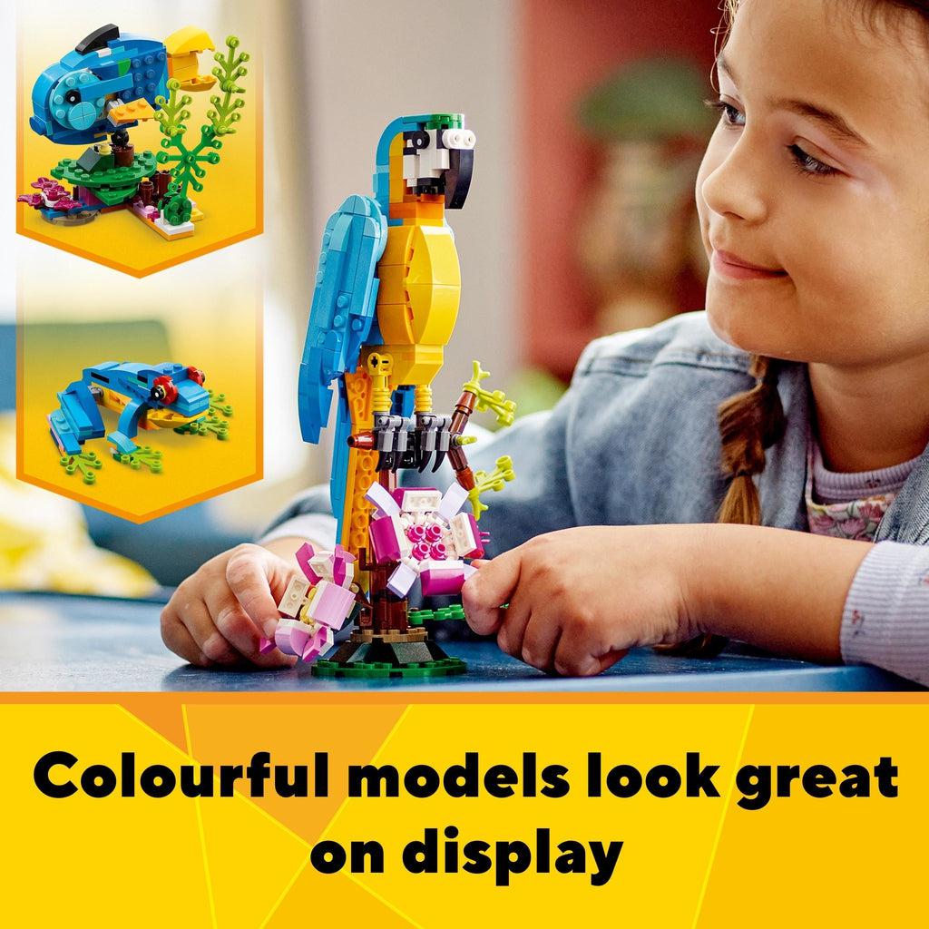 Image of a kid admiring the build set. Caption: Colourful models look great on display.