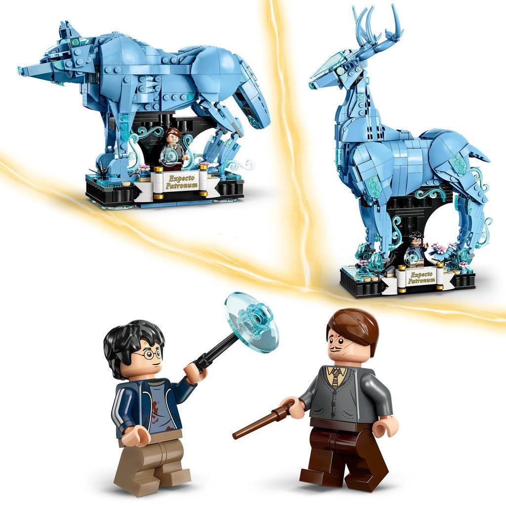 image shows both the stag and the wolf with LEGO Harry Potter characters. the patronus can be built and rebuild into one animal or the other