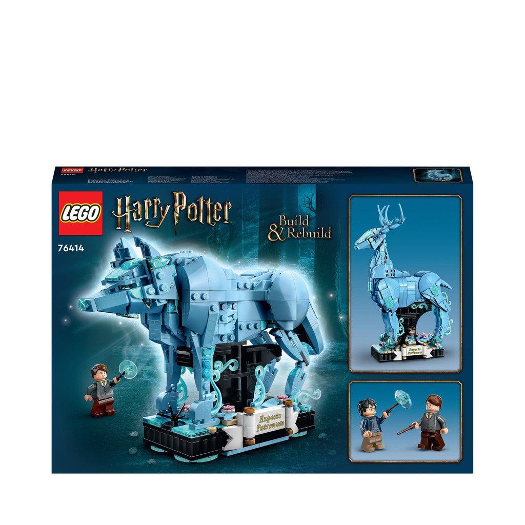 image shows the back of the build and rebuild box with the wolf patronus showing off on the back.