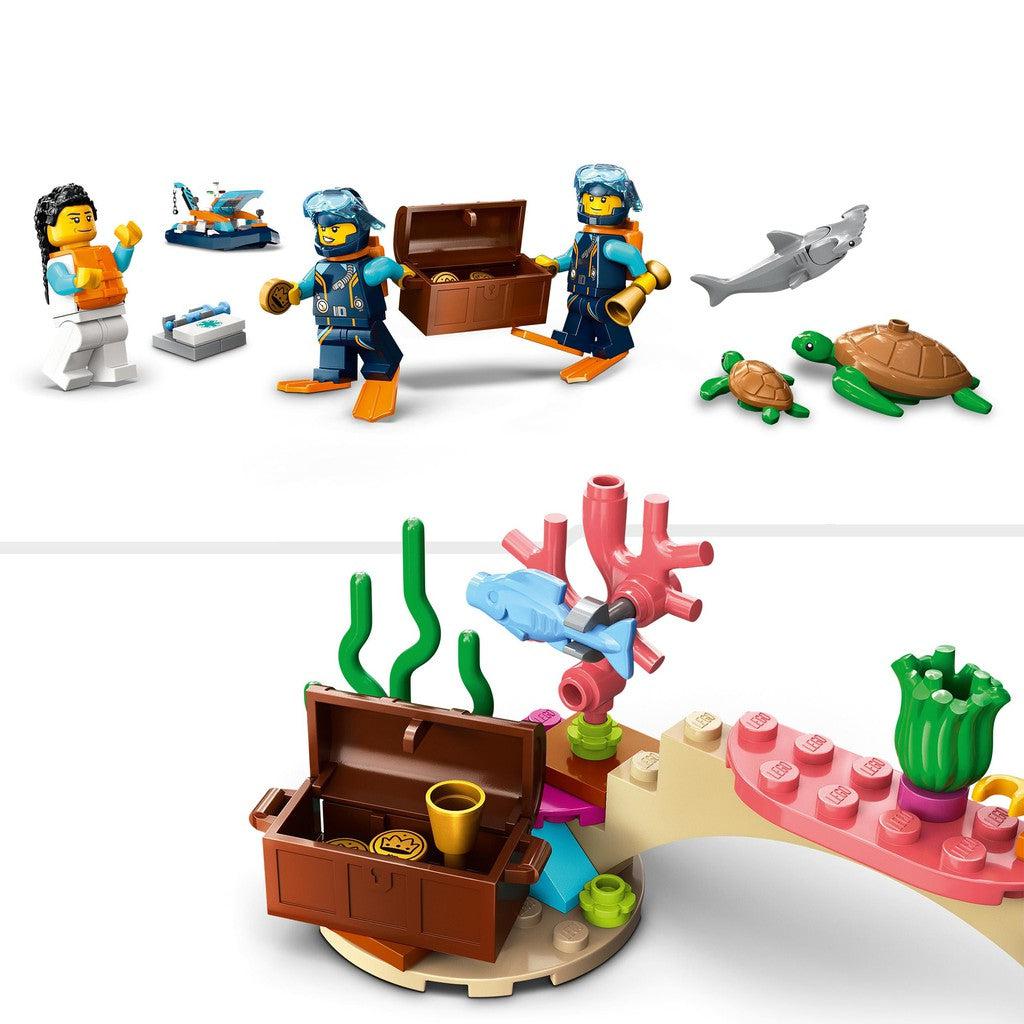 image shows the sea turtles, lego characters, treasure, and dolphins