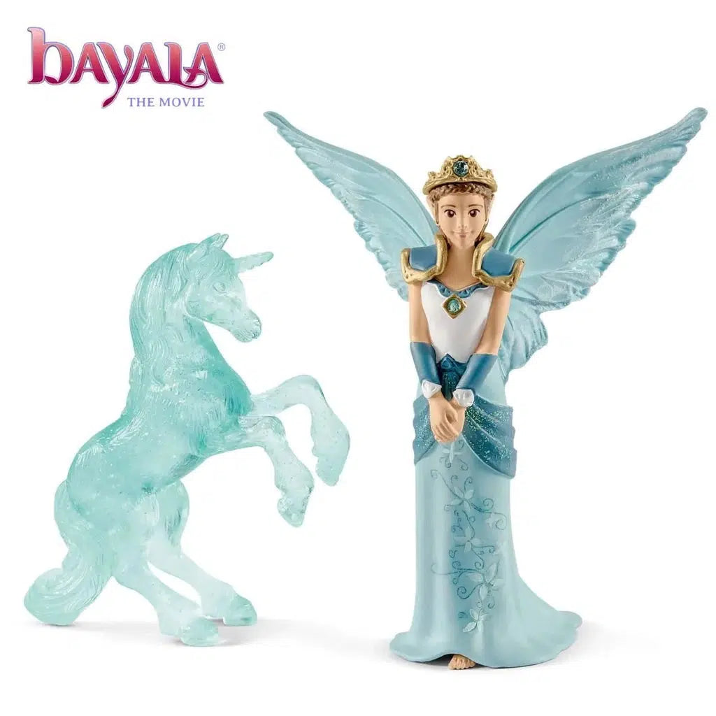 Image of the Eyela With Unicorn Ice Sculpture figurines. She is wearing  white and blue ice dress with large ice wings. The ice sculpture is of a unicorn.