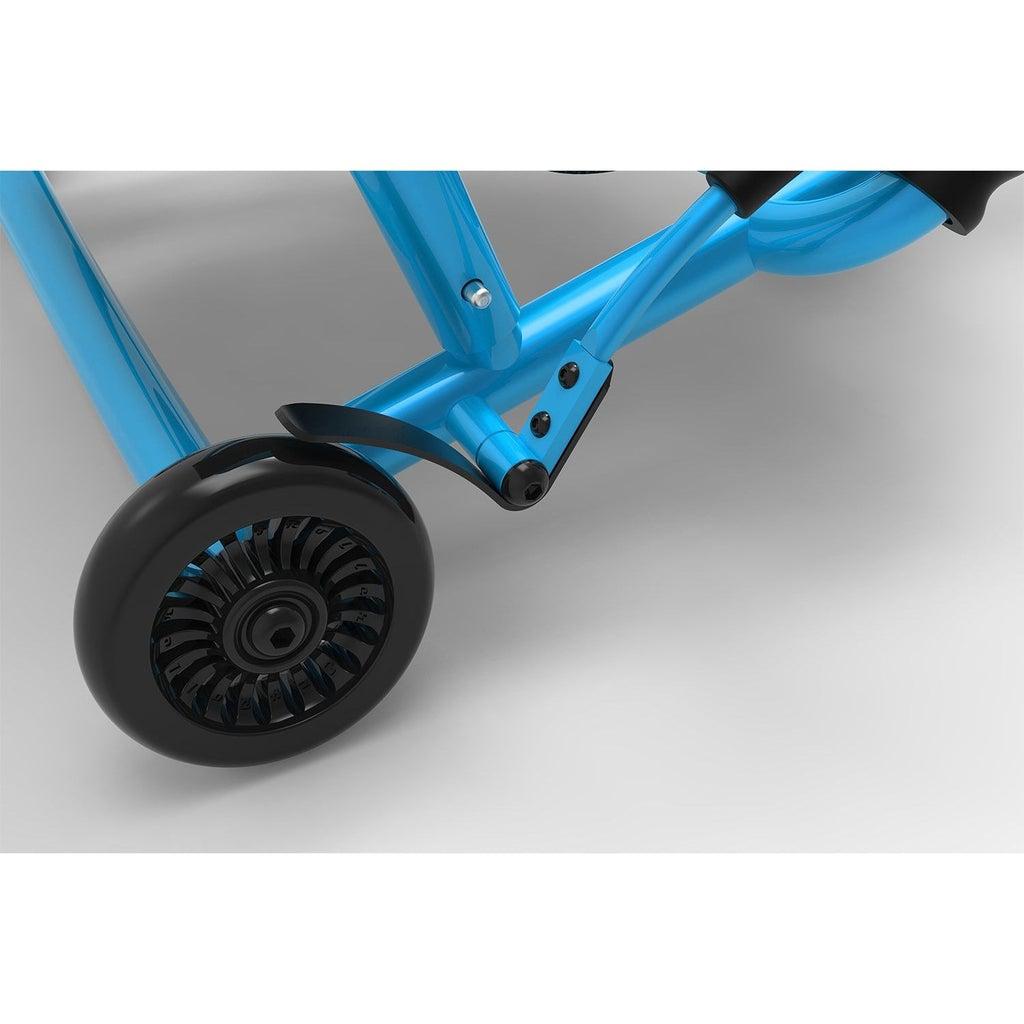 image shows the back wheel and a brake over it to slow sown and stop the roller