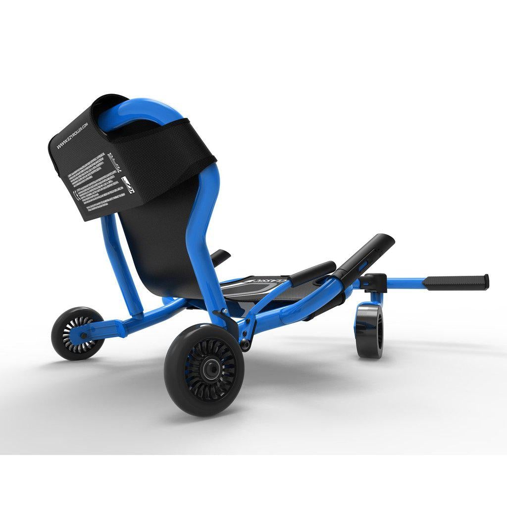 back view of the blue classic ezyroller, this image shows the back wheels clearly with the break mechanics for safety behind the seat