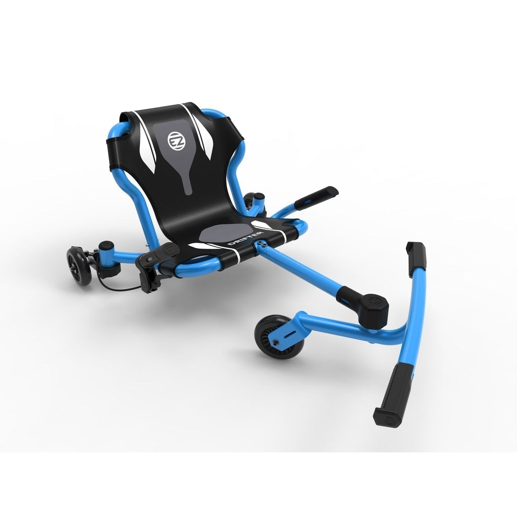 The blue drifter ezyroller has a seat with two wheels behind it. There is a place for a childs feet to go that wiggles the front wheel to move