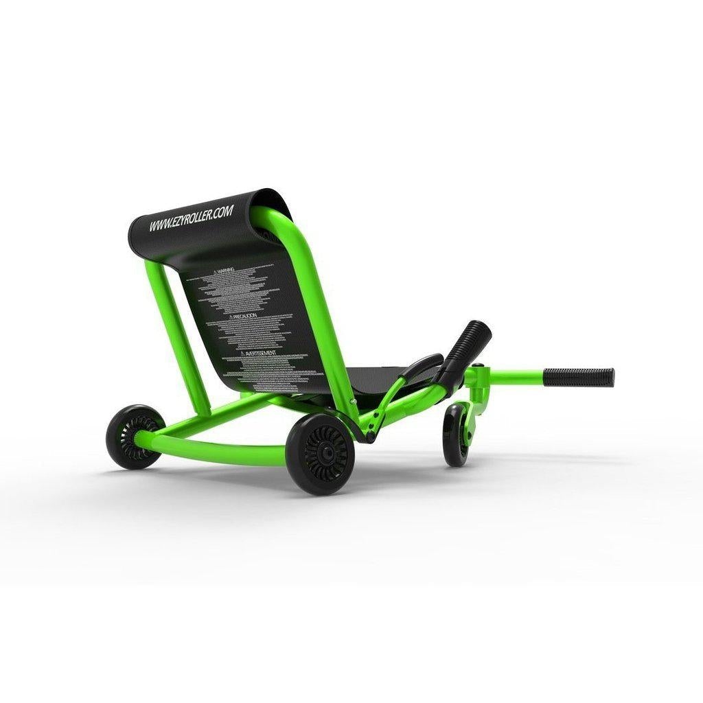 back angle view of the exyroller, this image focuses on the back wheels and seat, showing that it is a stable ride