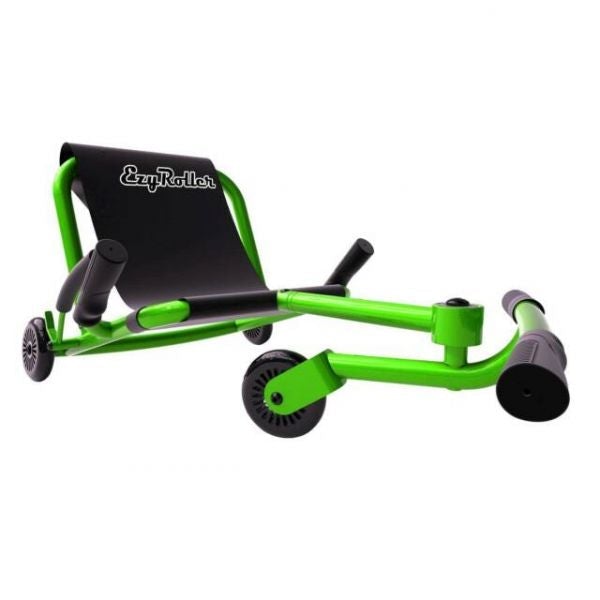This is a front angle view of the exyroller classic lime green. there is a simple black seat that says exyroller with two hand bars on the side with brakes to stop the two back wheels. there is one wheel in the front that is controled by a large bar for the legs to rest on and swivel the roller.