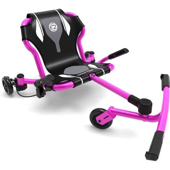 image shows a front angle view of a pink exyroller. there is a seat low to the ground with handles and brakes. the roller then has a bar that can be manuvered with feet to wiggle the device on one front wheel