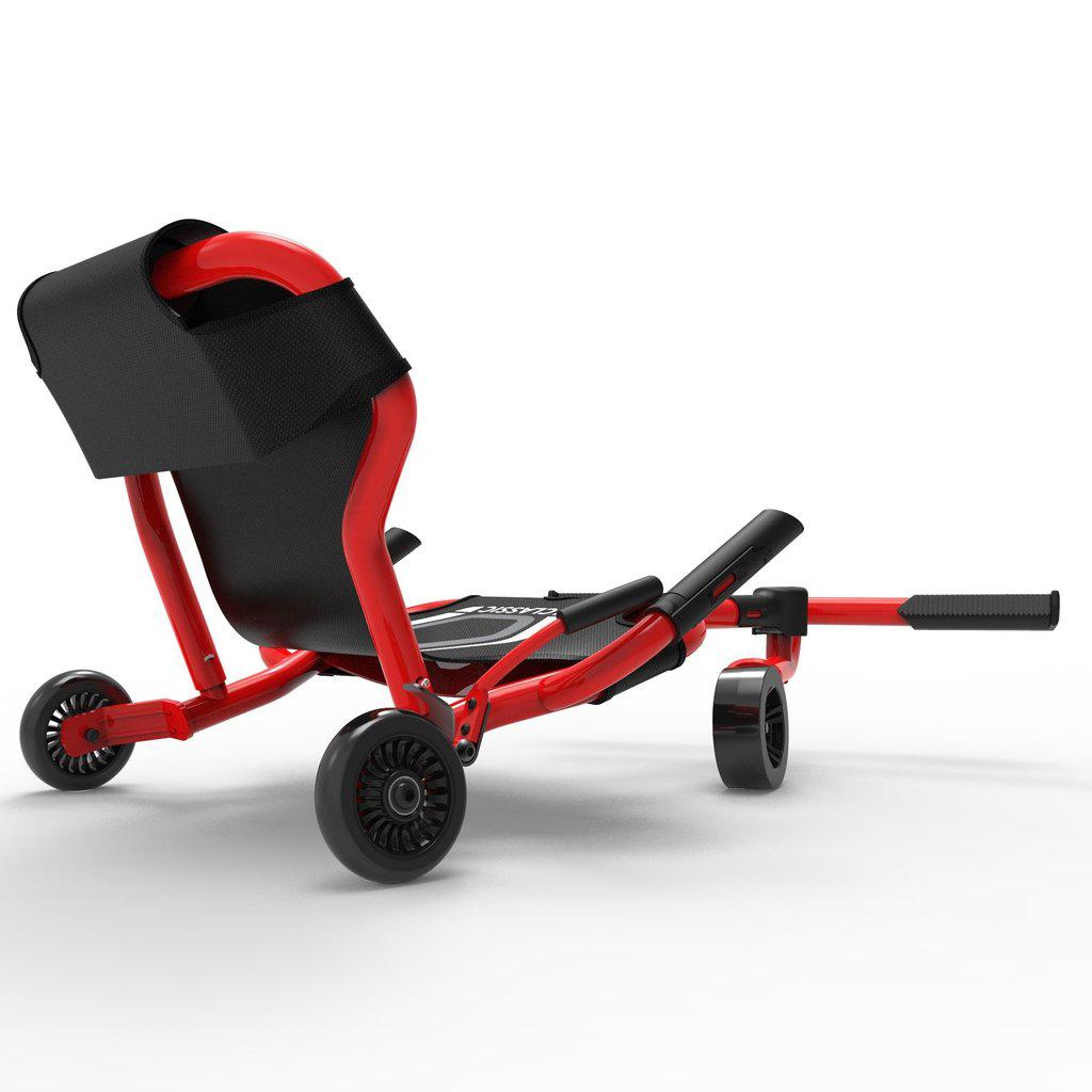 a back and side angle of the ezyroller. shows the handles and all  3 wheels
