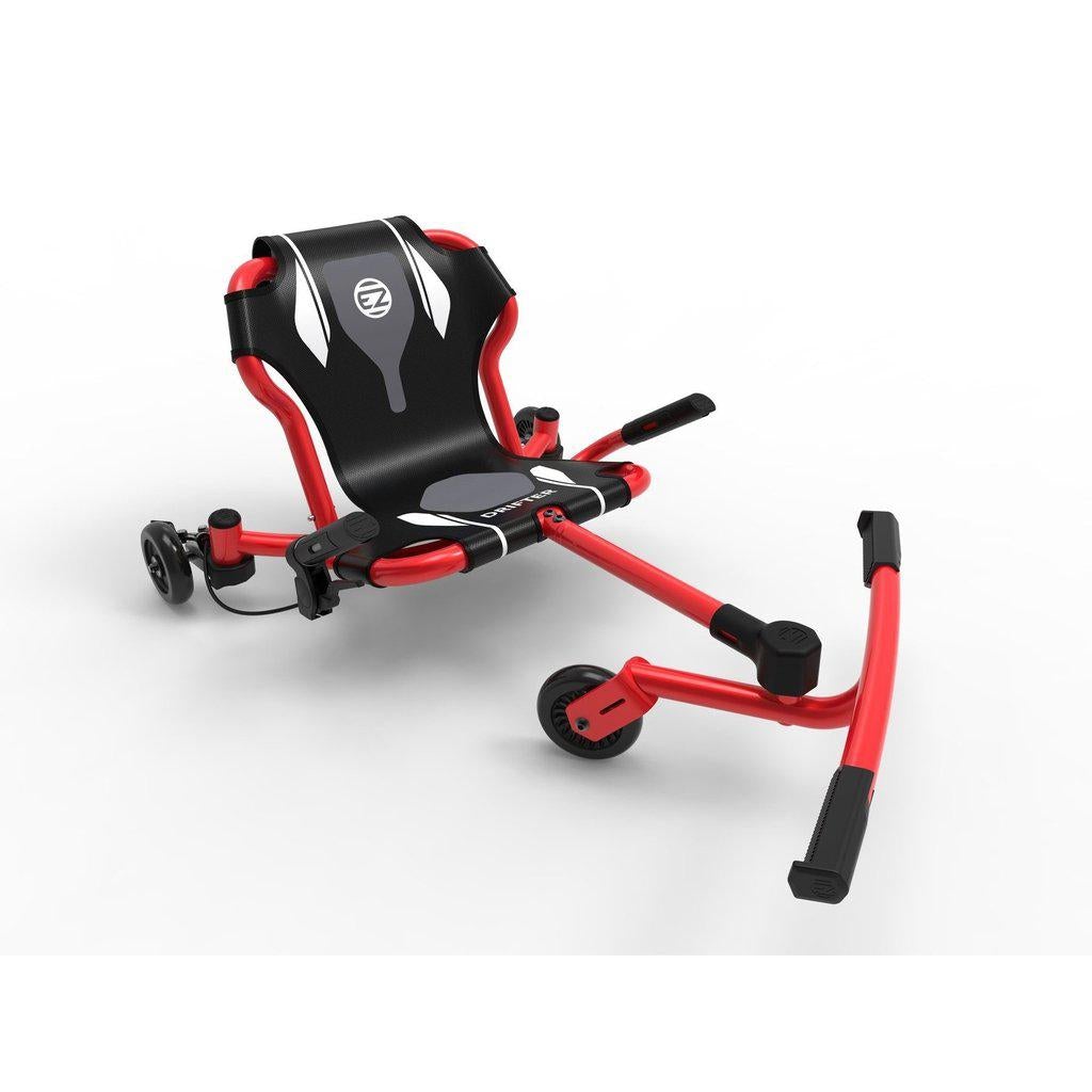 the red drifter x front angle view, image shows the seat with hand grips to slow down and break the drifter, and the front has a bar for the legs to swivel a wheel around to gain momentum and roll around