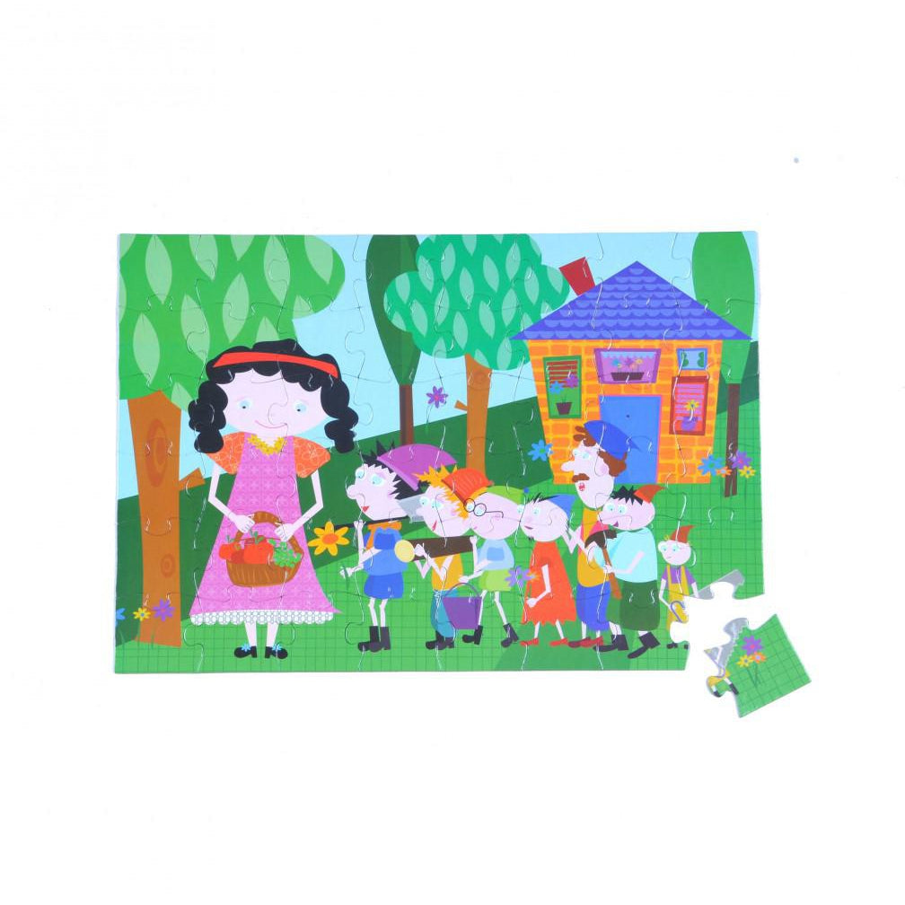 Image of the completed puzzle. It is a cartoon illustrated scene of Snow White in front of her house with the seven dwarves.
