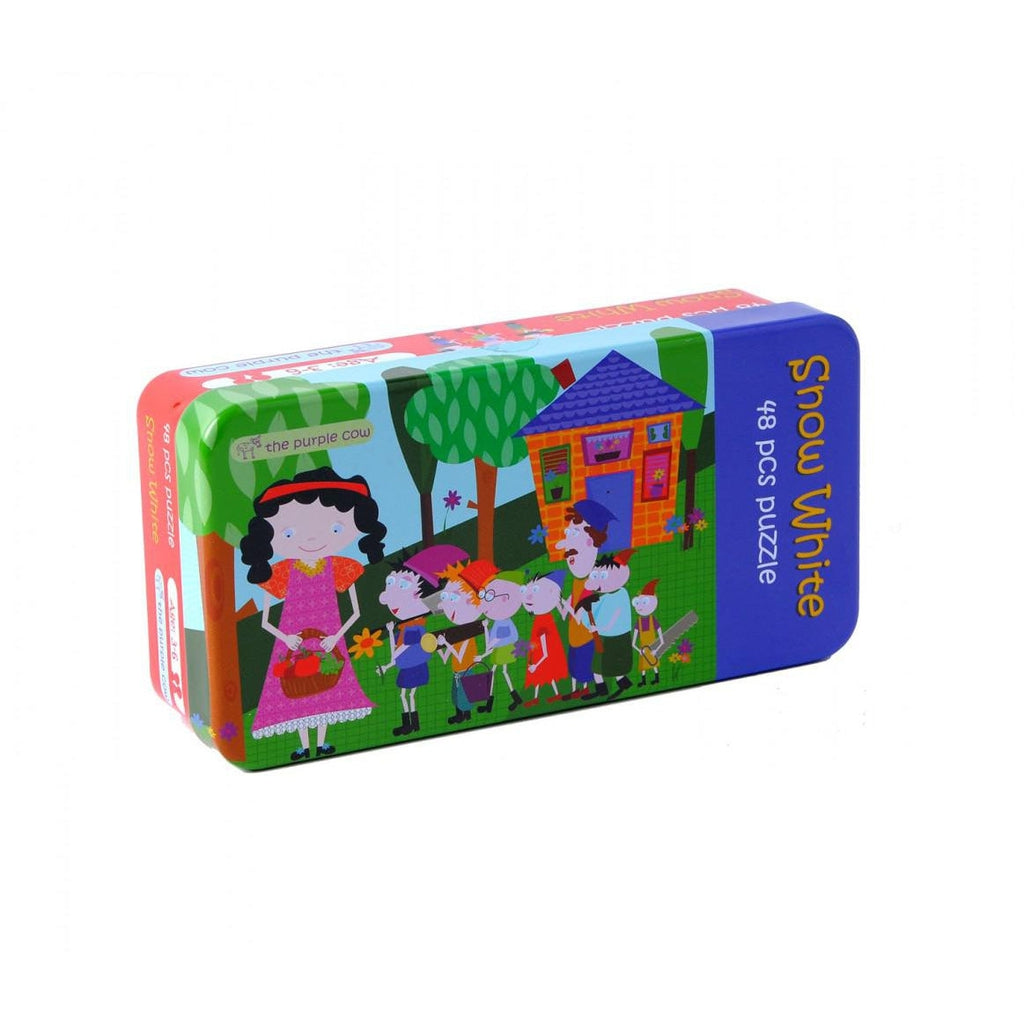 Image of the box for the Fairy Tale Snow White puzzle. It comes in a small tin with a picture of the puzzle on the front of the box.