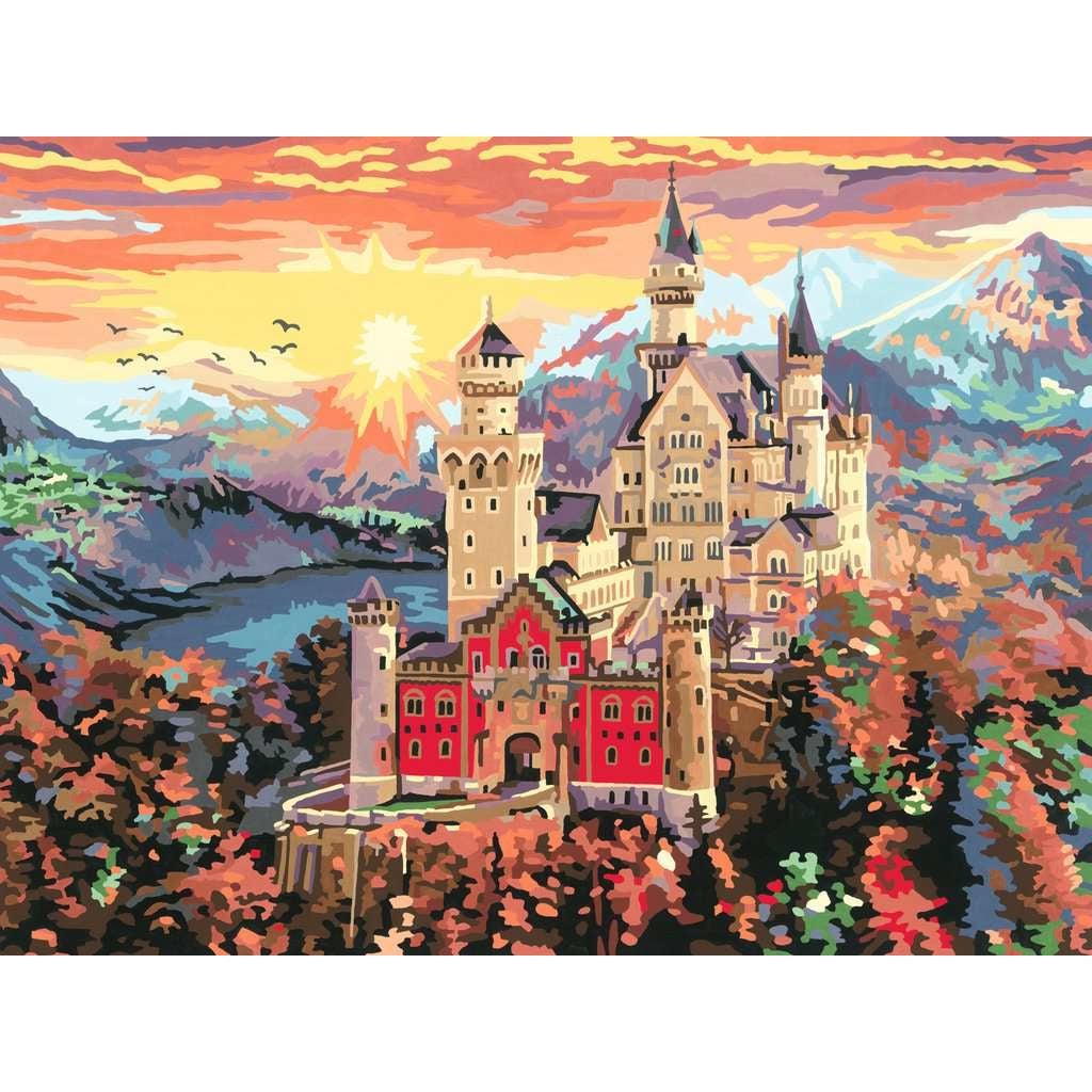 this picture shows a finished look of the castle and surroundings, with plenty of warm colors up front and in the background, with the lake and mountains adding a layer of cool colors as blue and green.